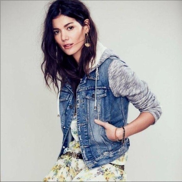 Free People Distressed Denim Hooded Jacket M